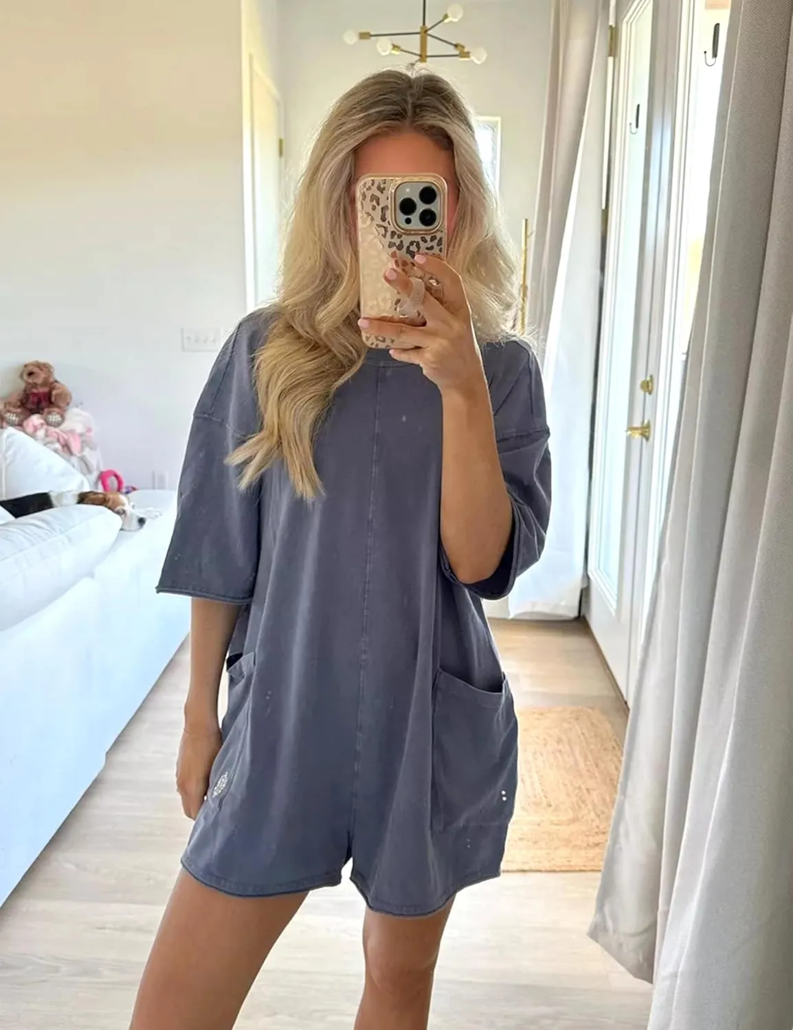 Rompers for Women Hot Shot Tee Romper Casual Short Sleeve Oversized Athletic Workout Reversible Jumpsuit with Pocket