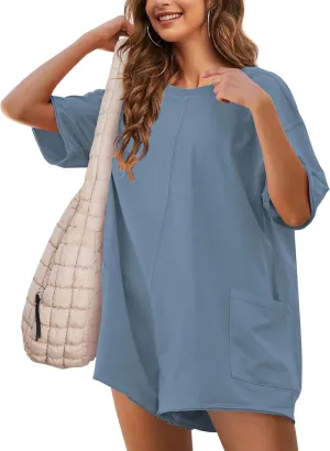 Rompers for Women Hot Shot Tee Romper Casual Short Sleeve Oversized Athletic Workout Reversible Jumpsuit with Pocket
