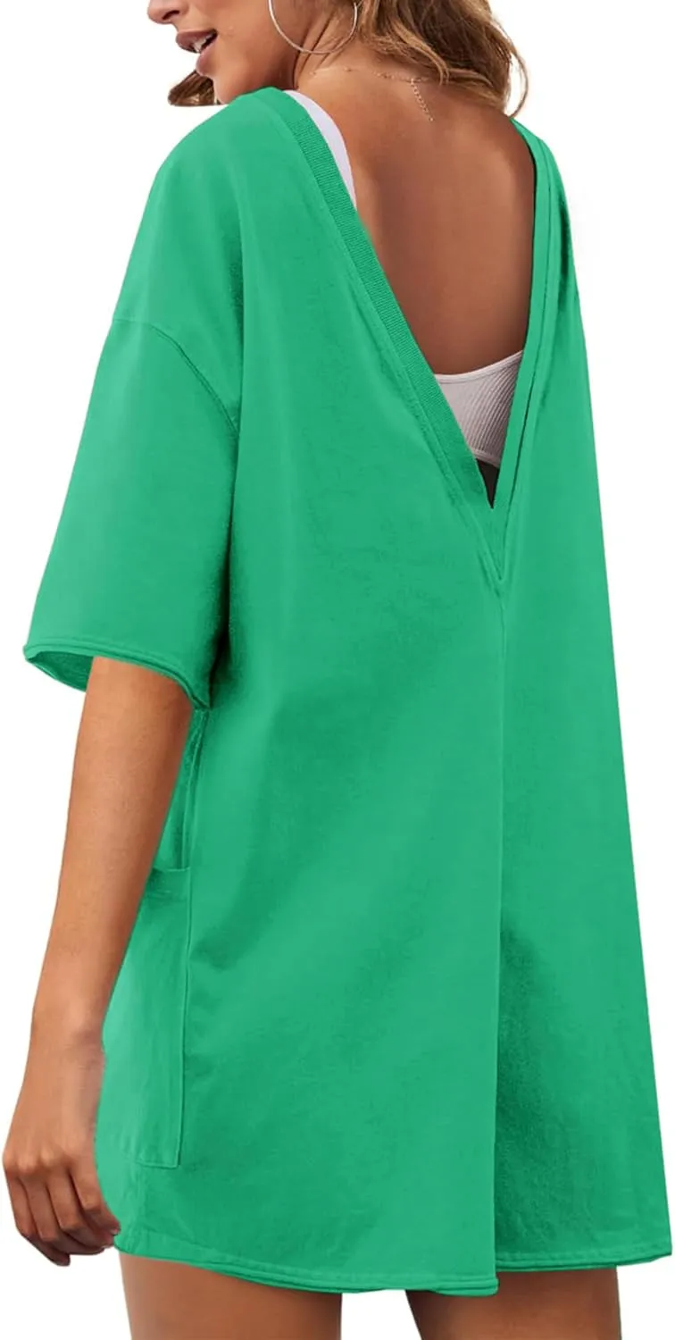 Rompers for Women Hot Shot Tee Romper Casual Short Sleeve Oversized Athletic Workout Reversible Jumpsuit with Pocket