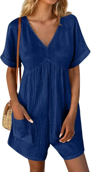 Rompers for Women Summer Dressy Short Overalls V Neck Short Sleeve One Piece Jumpsuits Loose Casual Vacation Outfits