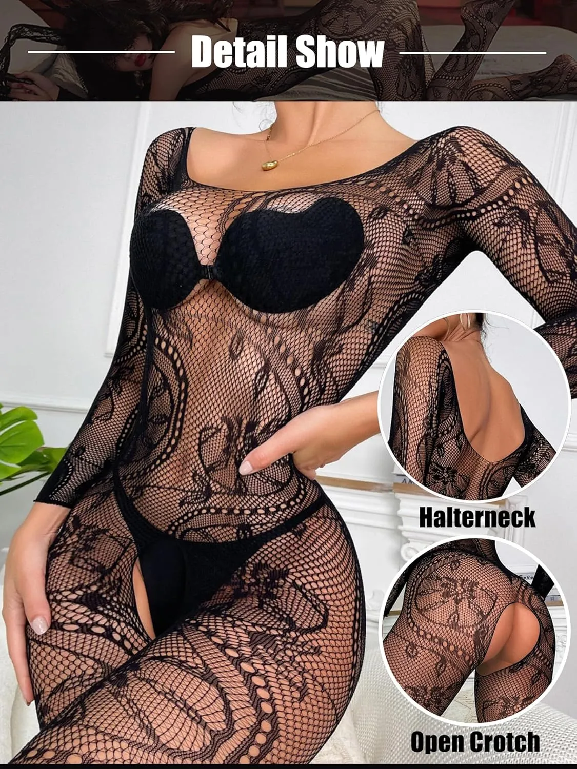 RUIBAVYA Women's Sexy Lace Fishnet Bodysuit Long Sleeve Mesh Jumpsuit Full Body Stockings Net Bodysuit