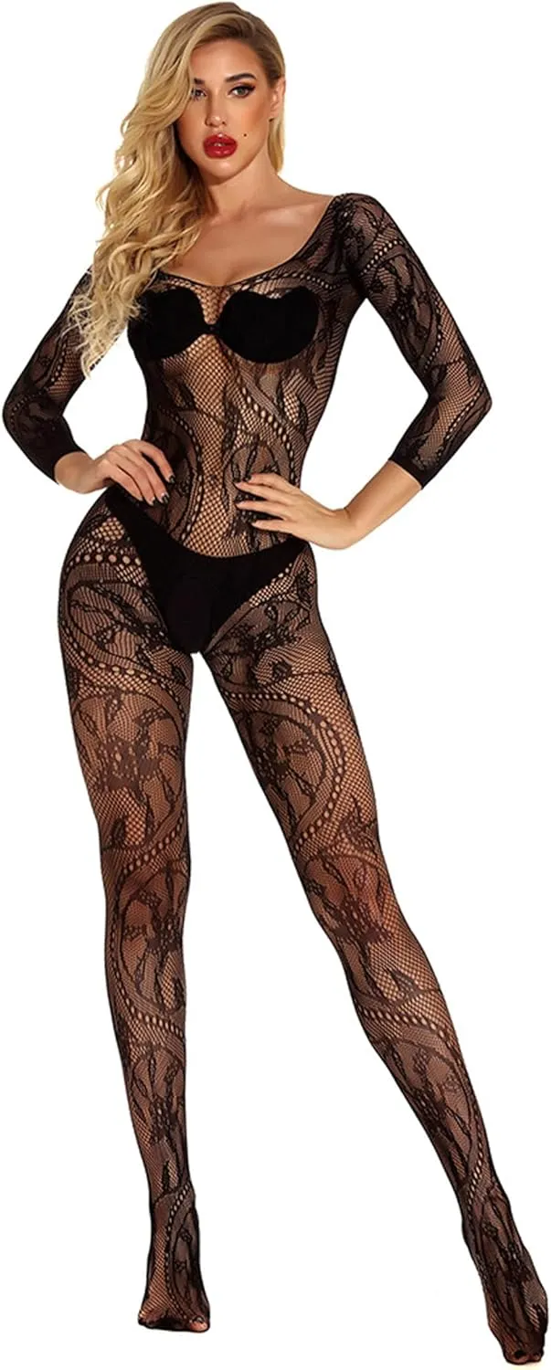 RUIBAVYA Women's Sexy Lace Fishnet Bodysuit Long Sleeve Mesh Jumpsuit Full Body Stockings Net Bodysuit