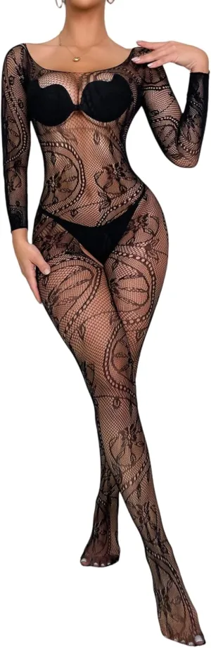 RUIBAVYA Women's Sexy Lace Fishnet Bodysuit Long Sleeve Mesh Jumpsuit Full Body Stockings Net Bodysuit