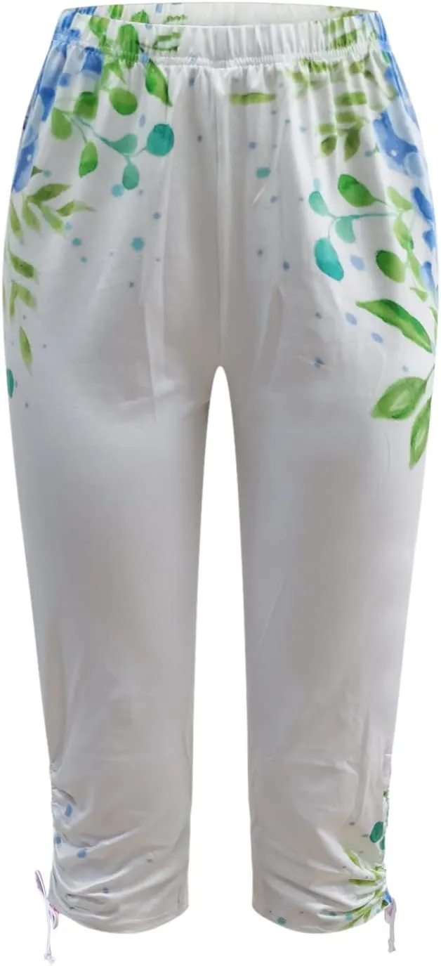 Ruziyoog Floral Print Capri Leggings for Women Compression Yoga Pants High Waist Workout Running Fitness Capri Tights