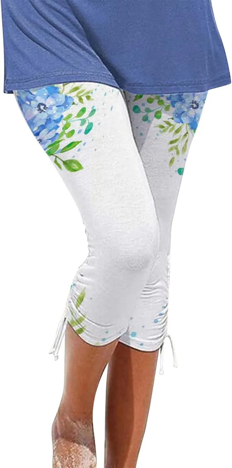 Ruziyoog Floral Print Capri Leggings for Women Compression Yoga Pants High Waist Workout Running Fitness Capri Tights