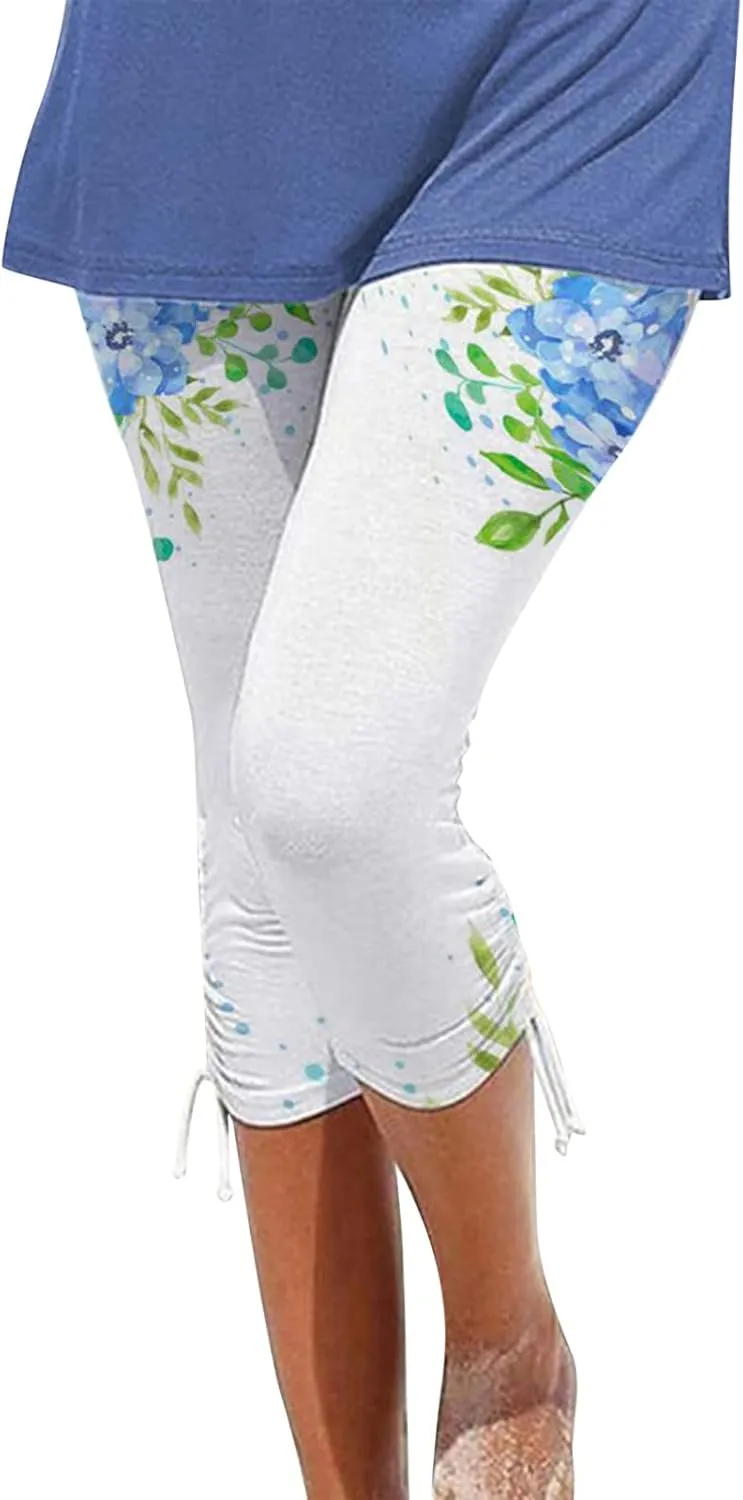 Ruziyoog Floral Print Capri Leggings for Women Compression Yoga Pants High Waist Workout Running Fitness Capri Tights