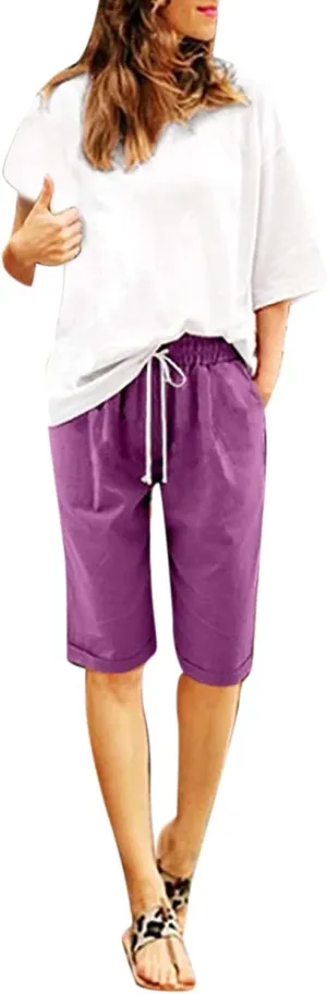 sdbrld Pull On Bermuda Shorts for Women Stretch High Waisted Shorts Women Denim Women's Plus Size Fashion Elastic Waist Knee-Length Curling Bermuda Shorts