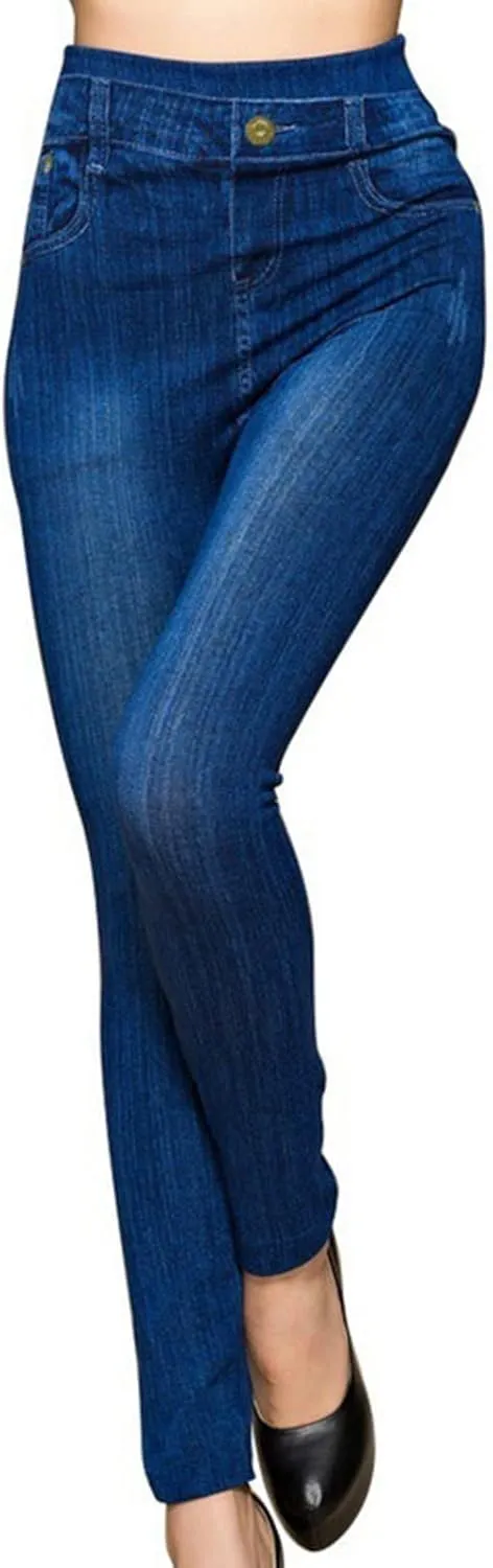 Seamless Jeggings for Women Tummy Control Pull On Stretchy Faux Jeans High Waisted Skinny Denim Leggings Trendy