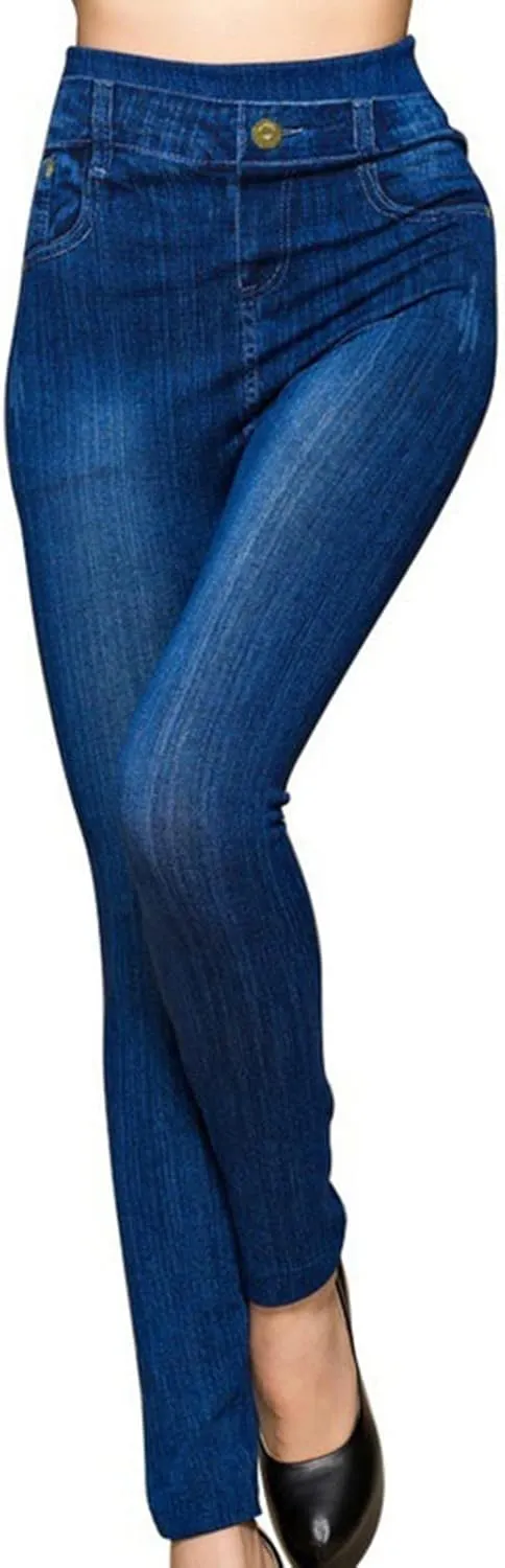 Seamless Jeggings for Women Tummy Control Pull On Stretchy Faux Jeans High Waisted Skinny Denim Leggings Trendy