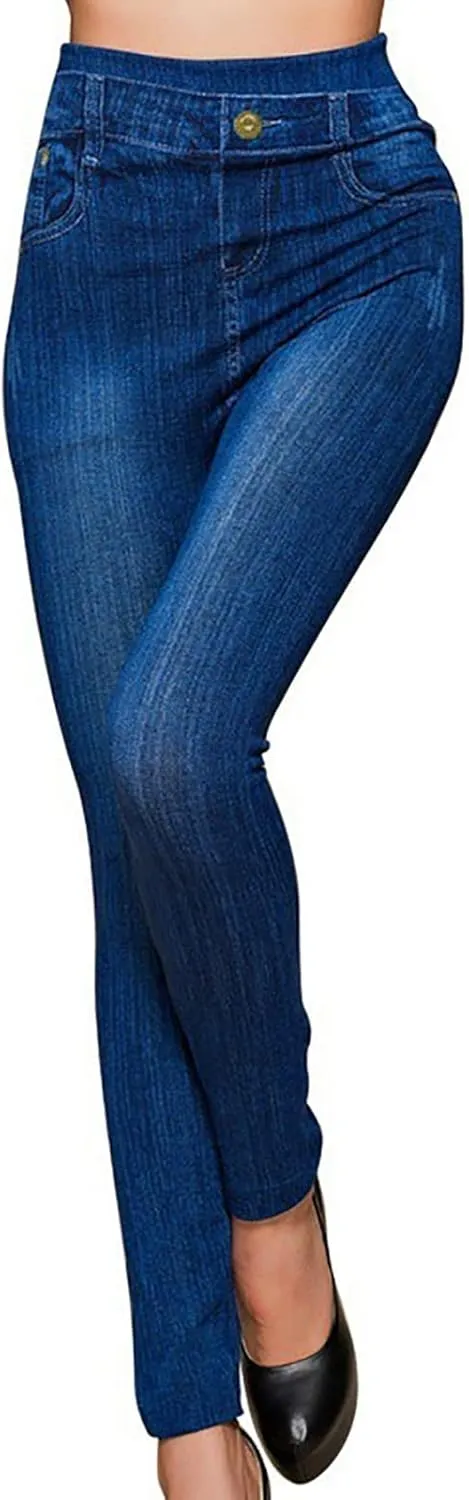 Seamless Jeggings for Women Tummy Control Pull On Stretchy Faux Jeans High Waisted Skinny Denim Leggings Trendy