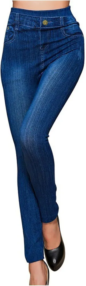 Seamless Jeggings for Women Tummy Control Pull On Stretchy Faux Jeans High Waisted Skinny Denim Leggings Trendy