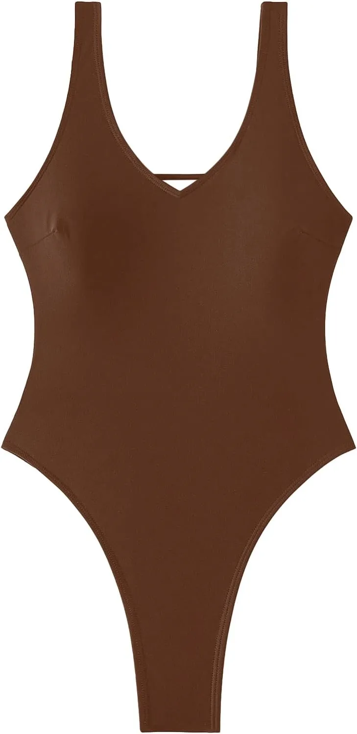 Sexy Backless Cheeky High Cut Leg Thong V Neck Tummy Control One Piece Swimsuit