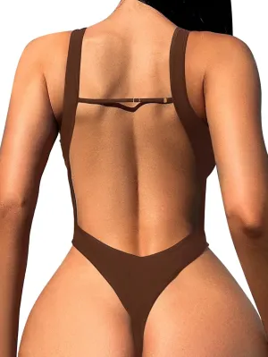 Sexy Backless Cheeky High Cut Leg Thong V Neck Tummy Control One Piece Swimsuit