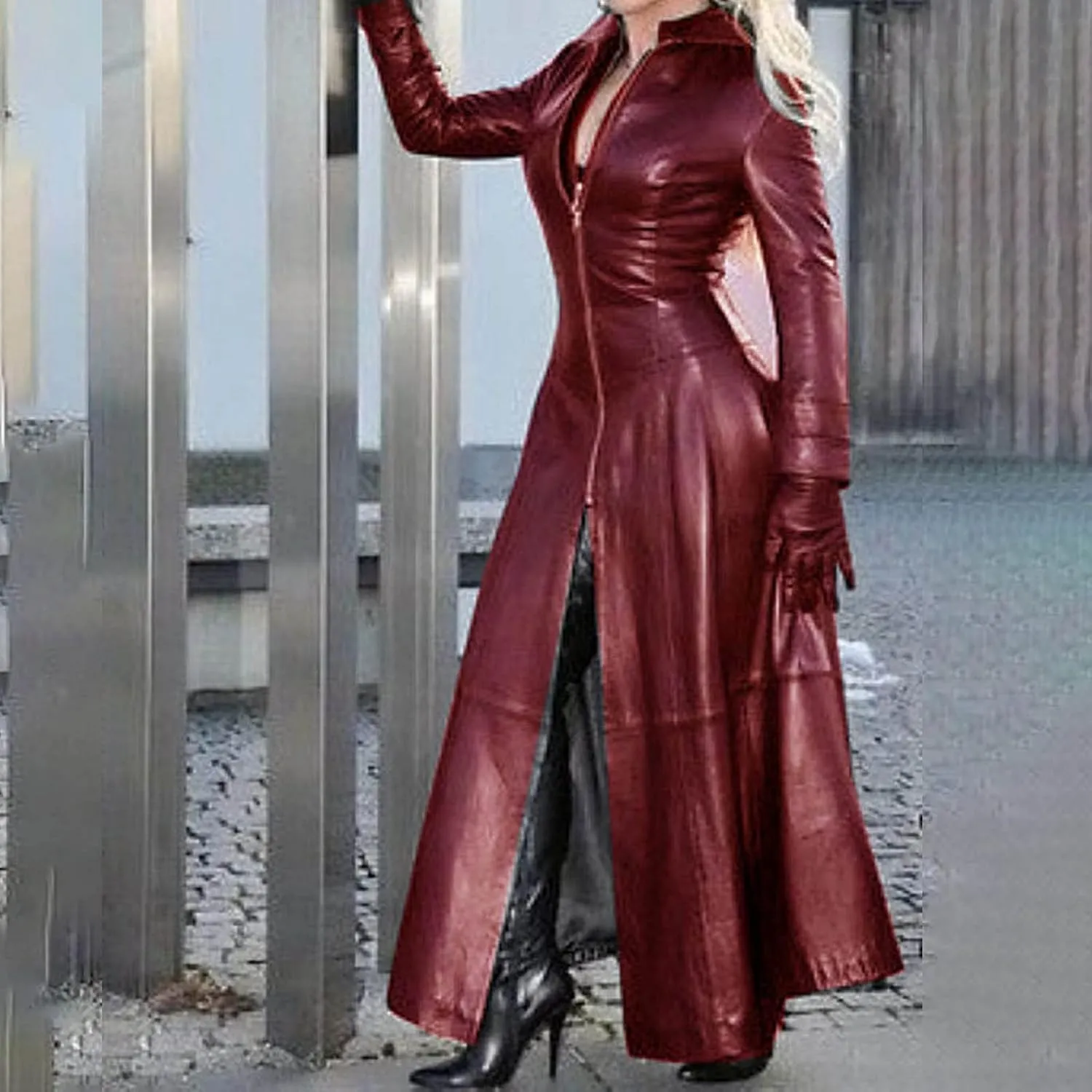 Sexy Faux Leather Jackets for Women Zip Up Long Maxi Trench Coat Trendy Cool Solid Color Mock Neck Moto Overcoat