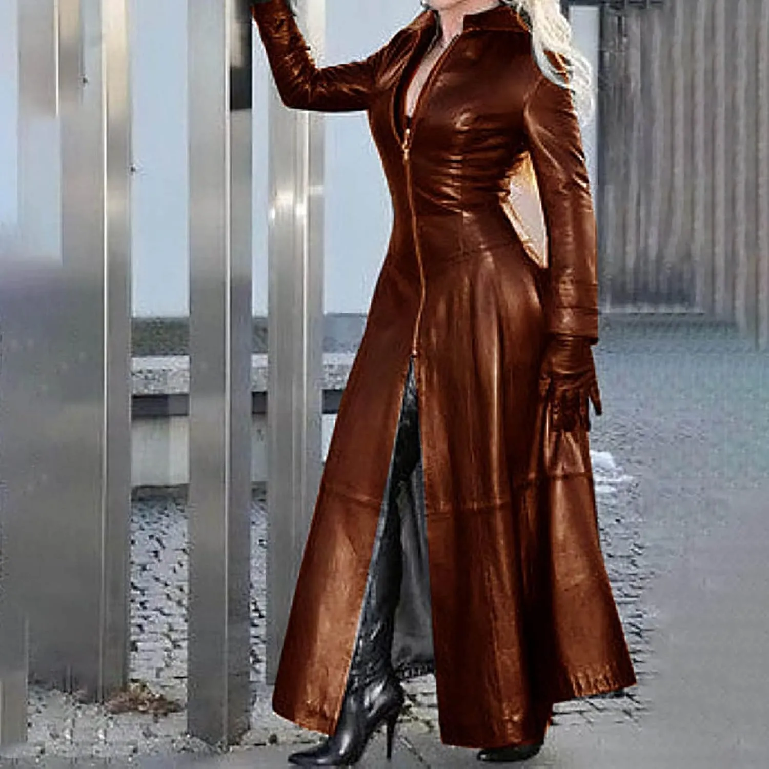 Sexy Faux Leather Jackets for Women Zip Up Long Maxi Trench Coat Trendy Cool Solid Color Mock Neck Moto Overcoat