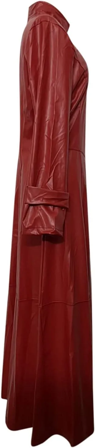 Sexy Faux Leather Jackets for Women Zip Up Long Maxi Trench Coat Trendy Cool Solid Color Mock Neck Moto Overcoat