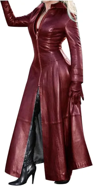 Sexy Faux Leather Jackets for Women Zip Up Long Maxi Trench Coat Trendy Cool Solid Color Mock Neck Moto Overcoat