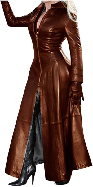 Sexy Faux Leather Jackets for Women Zip Up Long Maxi Trench Coat Trendy Cool Solid Color Mock Neck Moto Overcoat