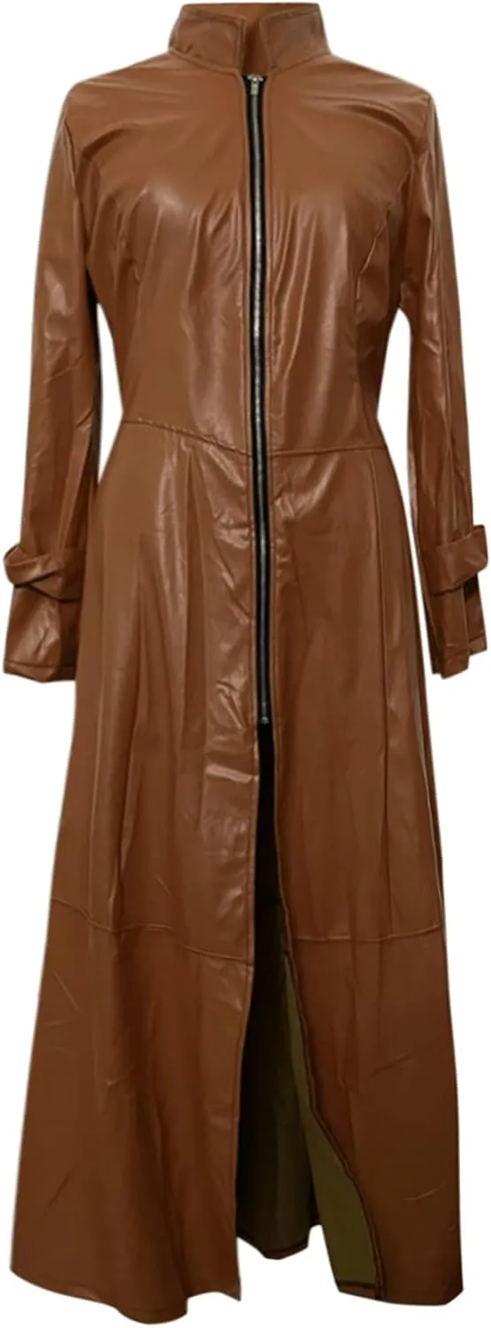 Sexy Faux Leather Jackets for Women Zip Up Long Maxi Trench Coat Trendy Cool Solid Color Mock Neck Moto Overcoat