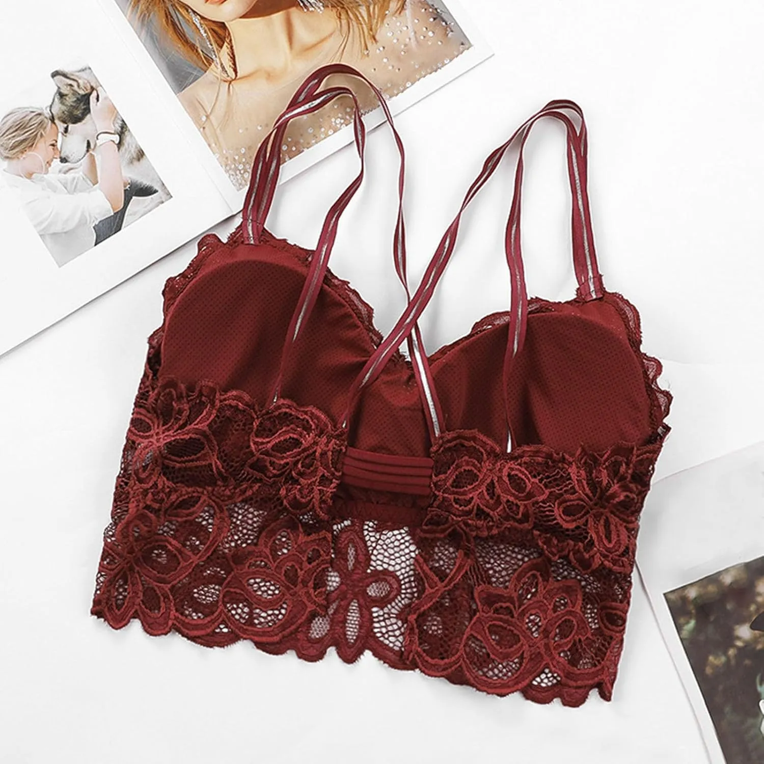 Sexy Floral Lace Bralettes Women Cross Back Wireless Bra Summer V Neck Casual Sport Crop Tops Yoga Workout Lingerie