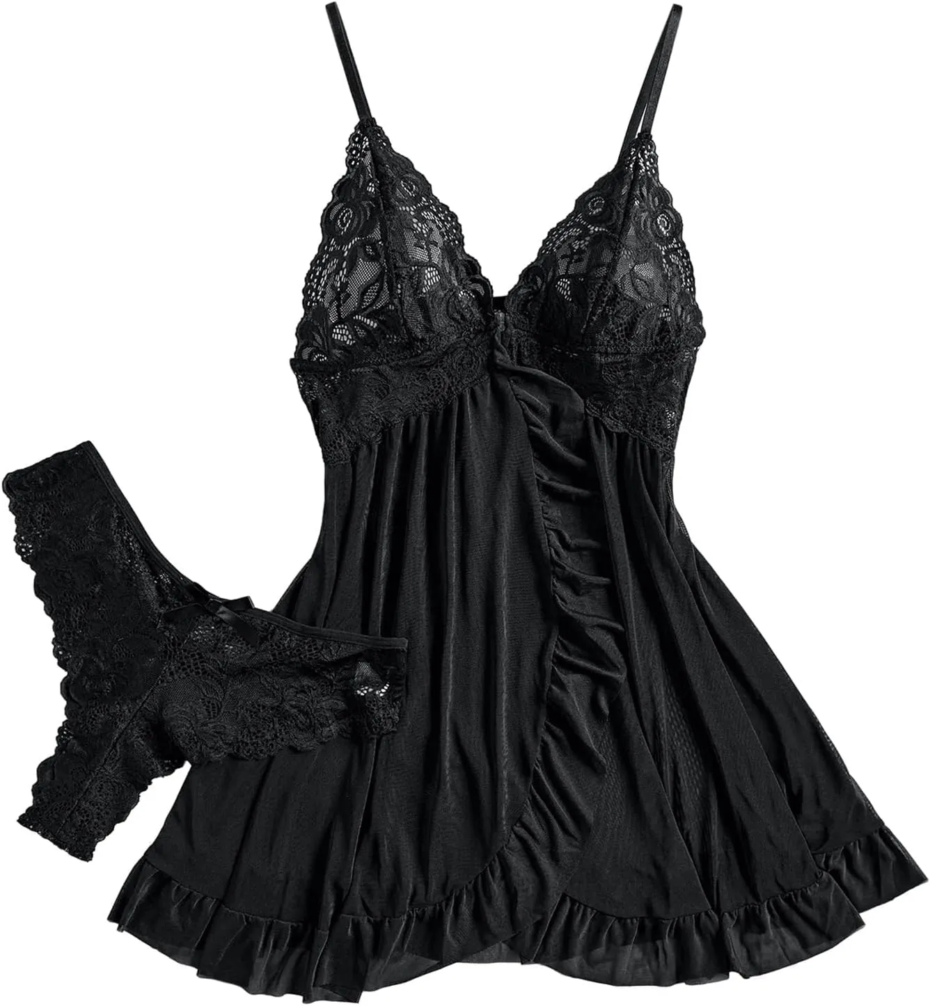Sexy Open Front V Neck Ruffle Sheer Mesh Lace Wireless Babydoll Lingerie Dress with Thong 2 Piece