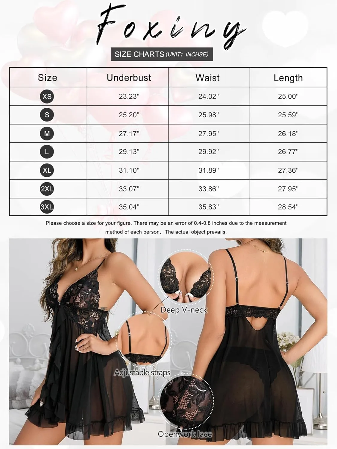 Sexy Open Front V Neck Ruffle Sheer Mesh Lace Wireless Babydoll Lingerie Dress with Thong 2 Piece