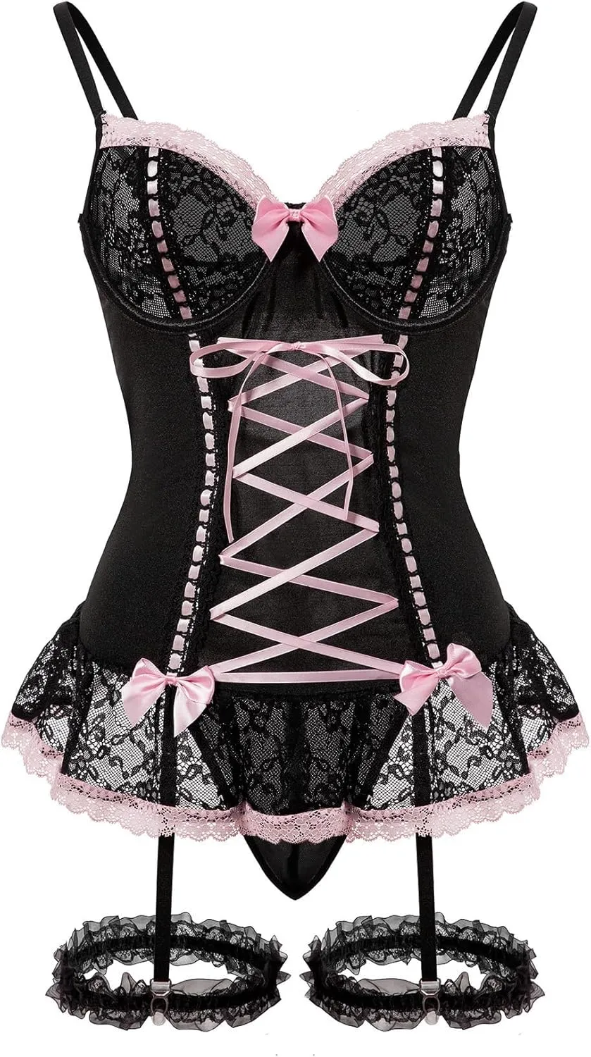 Sexy Rave Mesh Corset Ruffle Lace Up Underwire Sheer Garter Belt Babydoll Lingerie Set With Thong 3 Piece Women