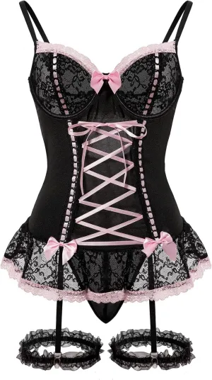 Sexy Rave Mesh Corset Ruffle Lace Up Underwire Sheer Garter Belt Babydoll Lingerie Set With Thong 3 Piece Women