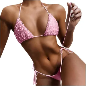 Sexy Sequins 2PCS Bikini Set Tankini Spaghetti Strapy Bra Swimsuit Lace Top Side Tie String Praty Thong Swimwear
