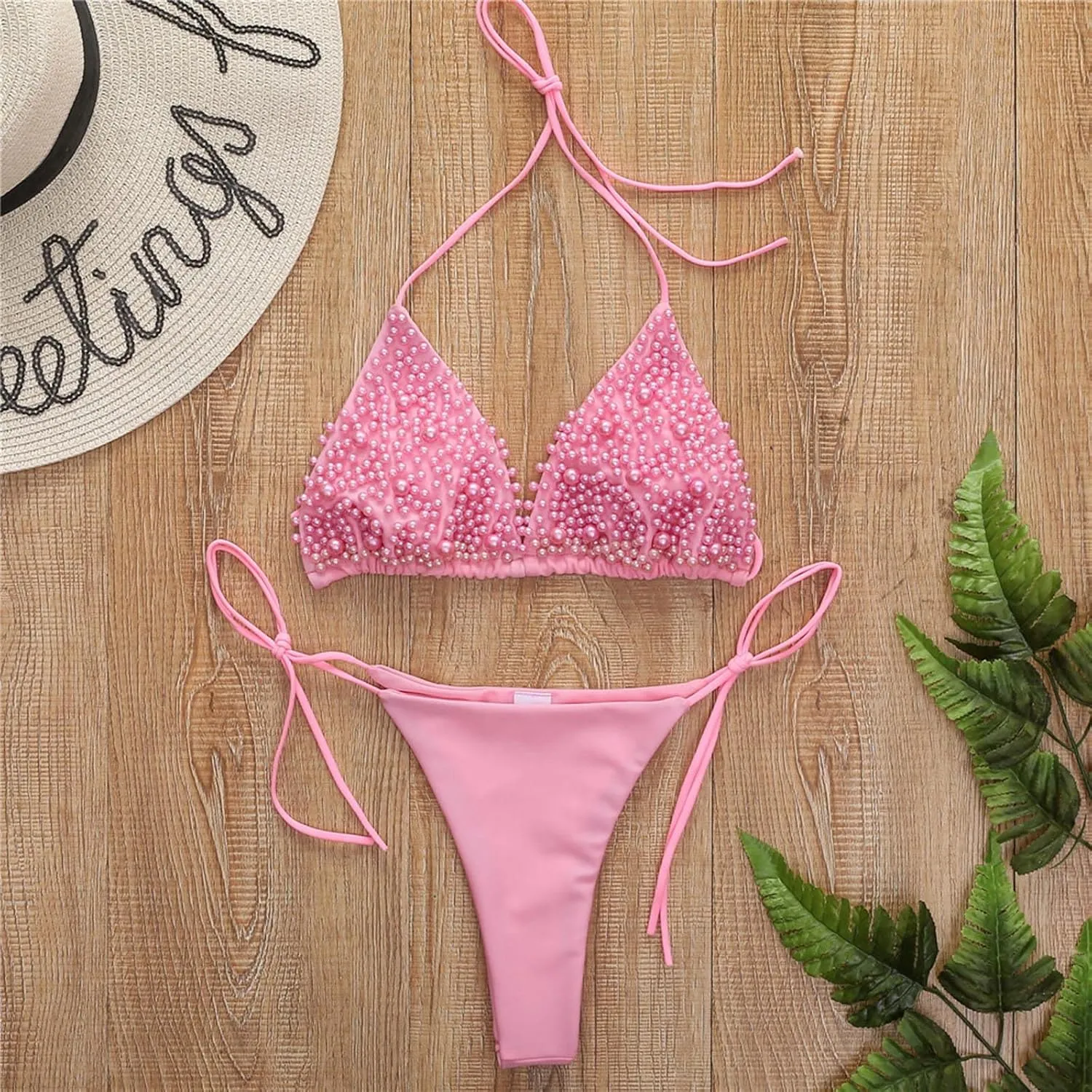 Sexy Sequins 2PCS Bikini Set Tankini Spaghetti Strapy Bra Swimsuit Lace Top Side Tie String Praty Thong Swimwear