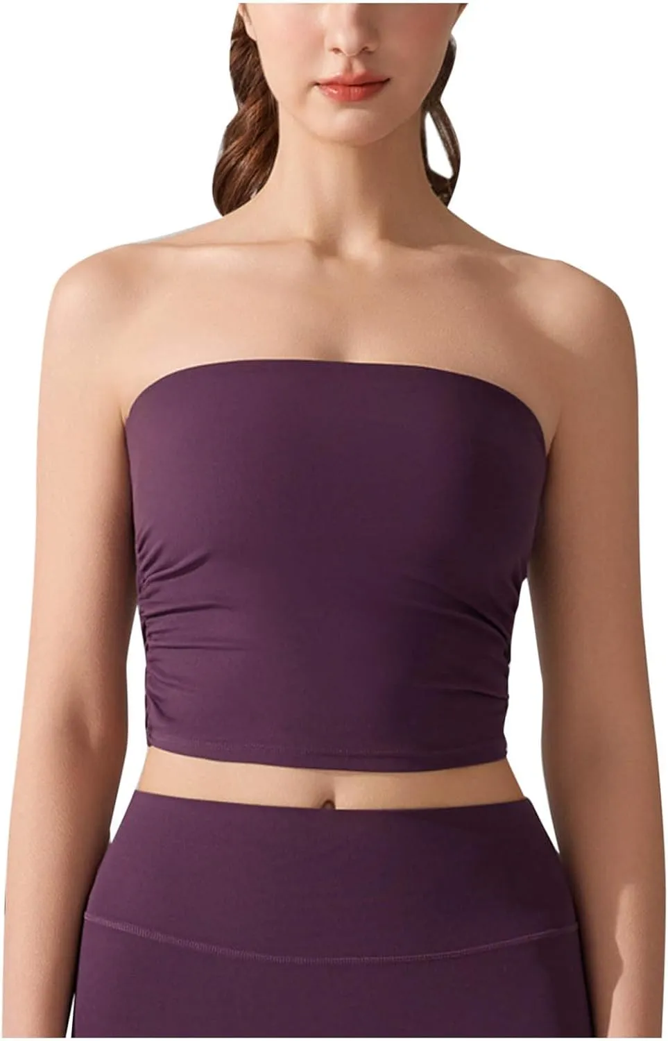 Sexy Strapless Shelf Bra Crop Top for Women Stretchy Ruched Side Bandeau Tops Casual Smooth Going Out Tube Brarettes