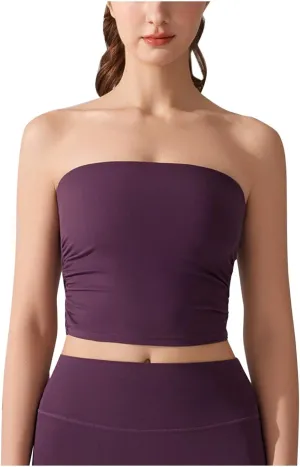 Sexy Strapless Shelf Bra Crop Top for Women Stretchy Ruched Side Bandeau Tops Casual Smooth Going Out Tube Brarettes
