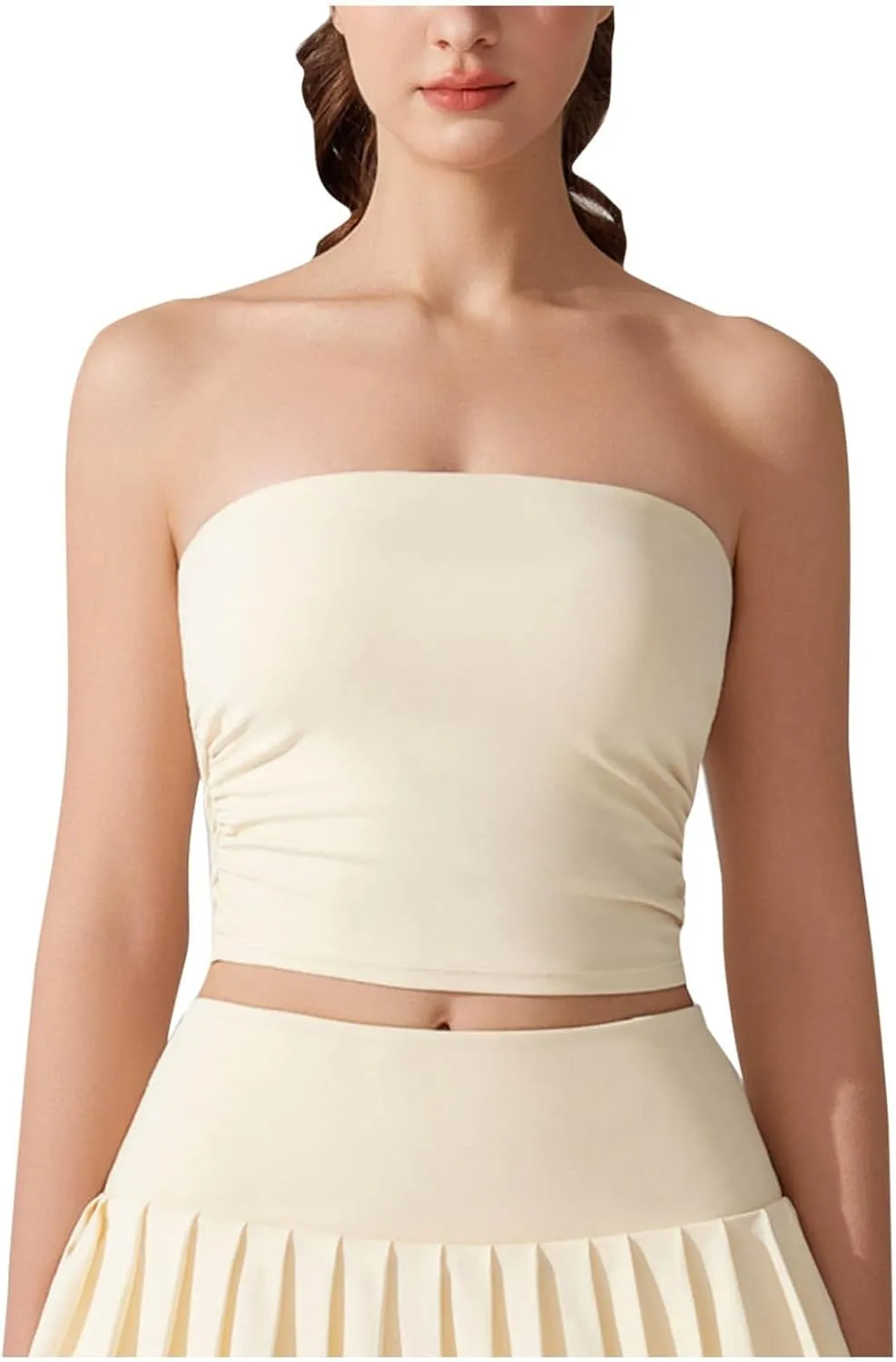 Sexy Strapless Shelf Bra Crop Top for Women Stretchy Ruched Side Bandeau Tops Casual Smooth Going Out Tube Brarettes