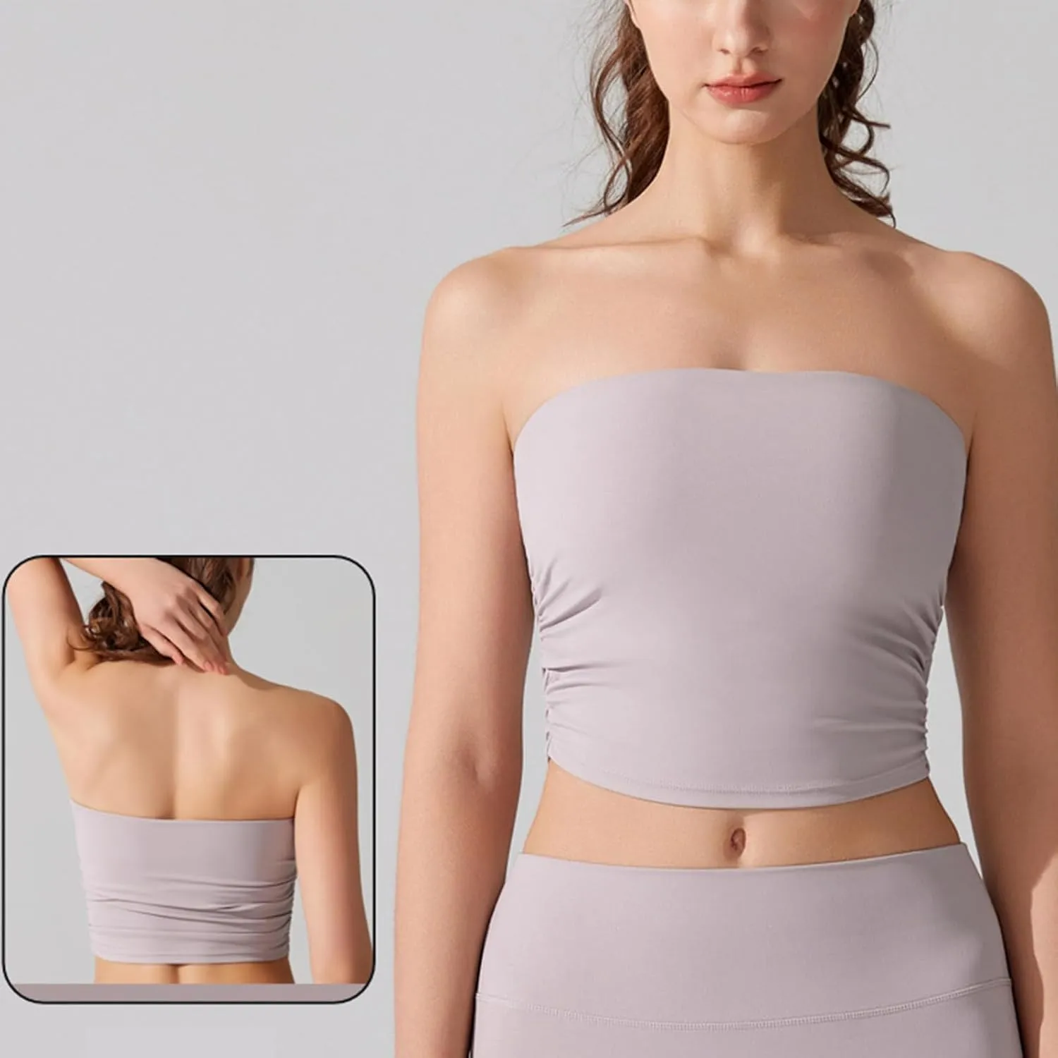 Sexy Strapless Shelf Bra Crop Top for Women Stretchy Ruched Side Bandeau Tops Casual Smooth Going Out Tube Brarettes