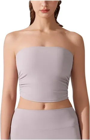 Sexy Strapless Shelf Bra Crop Top for Women Stretchy Ruched Side Bandeau Tops Casual Smooth Going Out Tube Brarettes