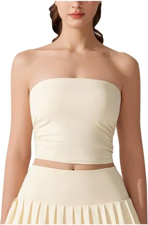 Sexy Strapless Shelf Bra Crop Top for Women Stretchy Ruched Side Bandeau Tops Casual Smooth Going Out Tube Brarettes