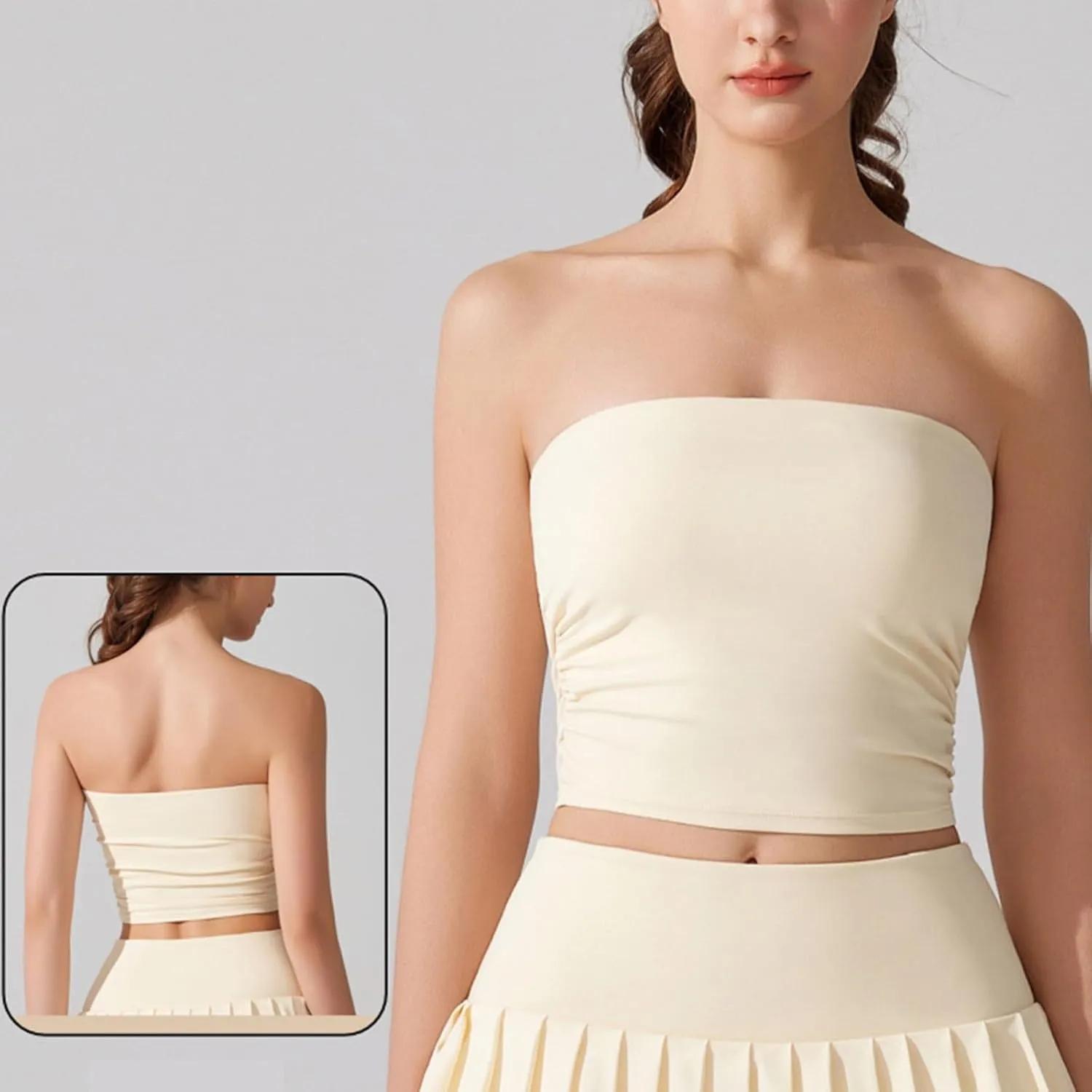 Sexy Strapless Shelf Bra Crop Top for Women Stretchy Ruched Side Bandeau Tops Casual Smooth Going Out Tube Brarettes