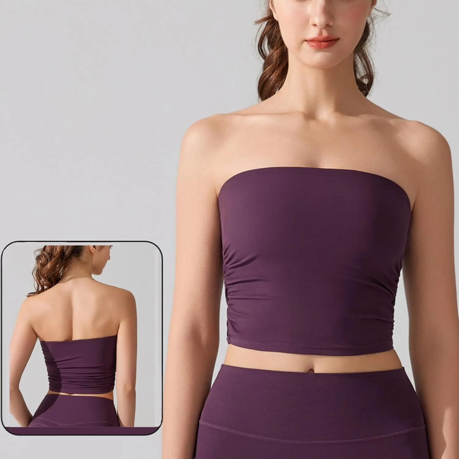 Sexy Strapless Shelf Bra Crop Top for Women Stretchy Ruched Side Bandeau Tops Casual Smooth Going Out Tube Brarettes