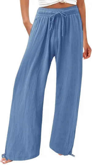 SHAOBGE Linen Pants Women Comfy Flowy Wide Leg Pants Trousers Summer High Waisted Beach Palazzo Pants with Pockets 2024