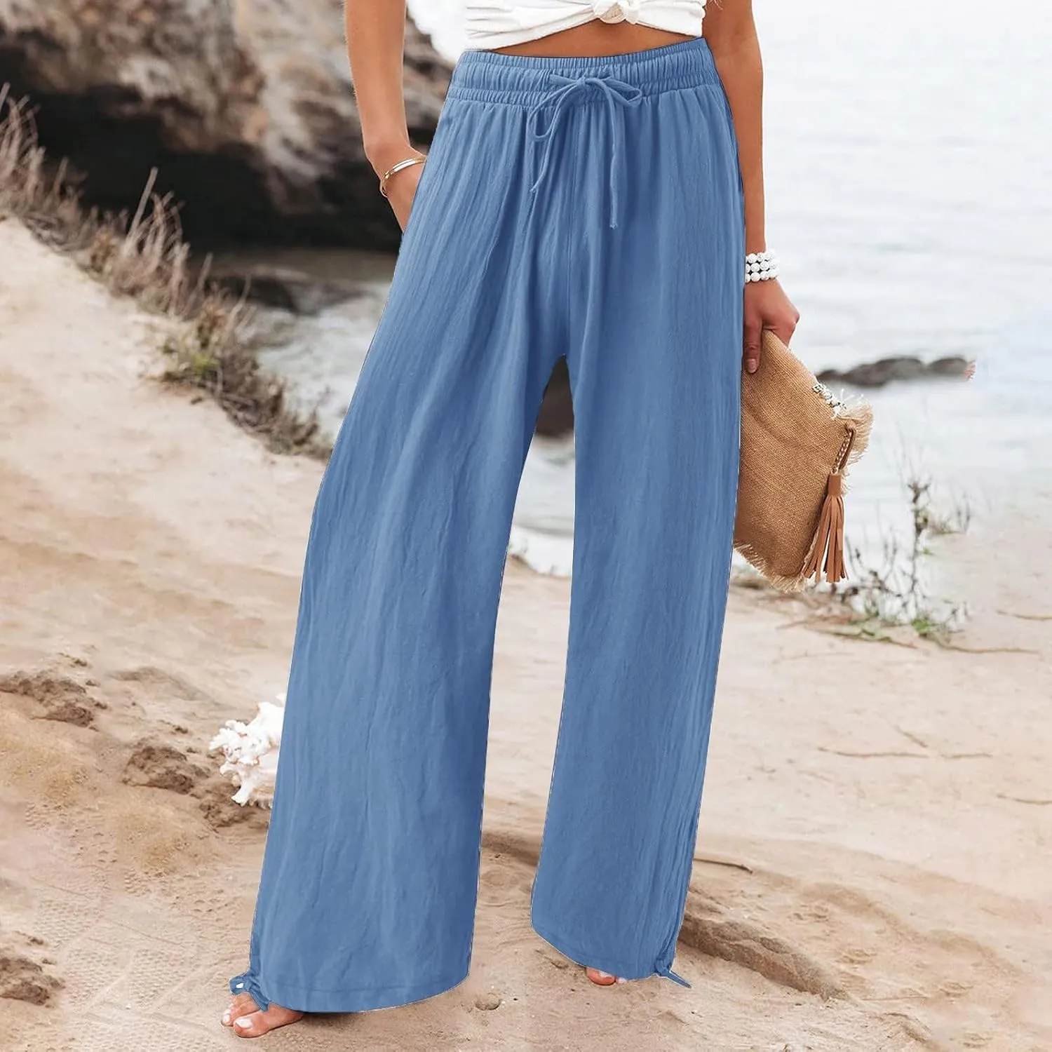 SHAOBGE Linen Pants Women Comfy Flowy Wide Leg Pants Trousers Summer High Waisted Beach Palazzo Pants with Pockets 2024
