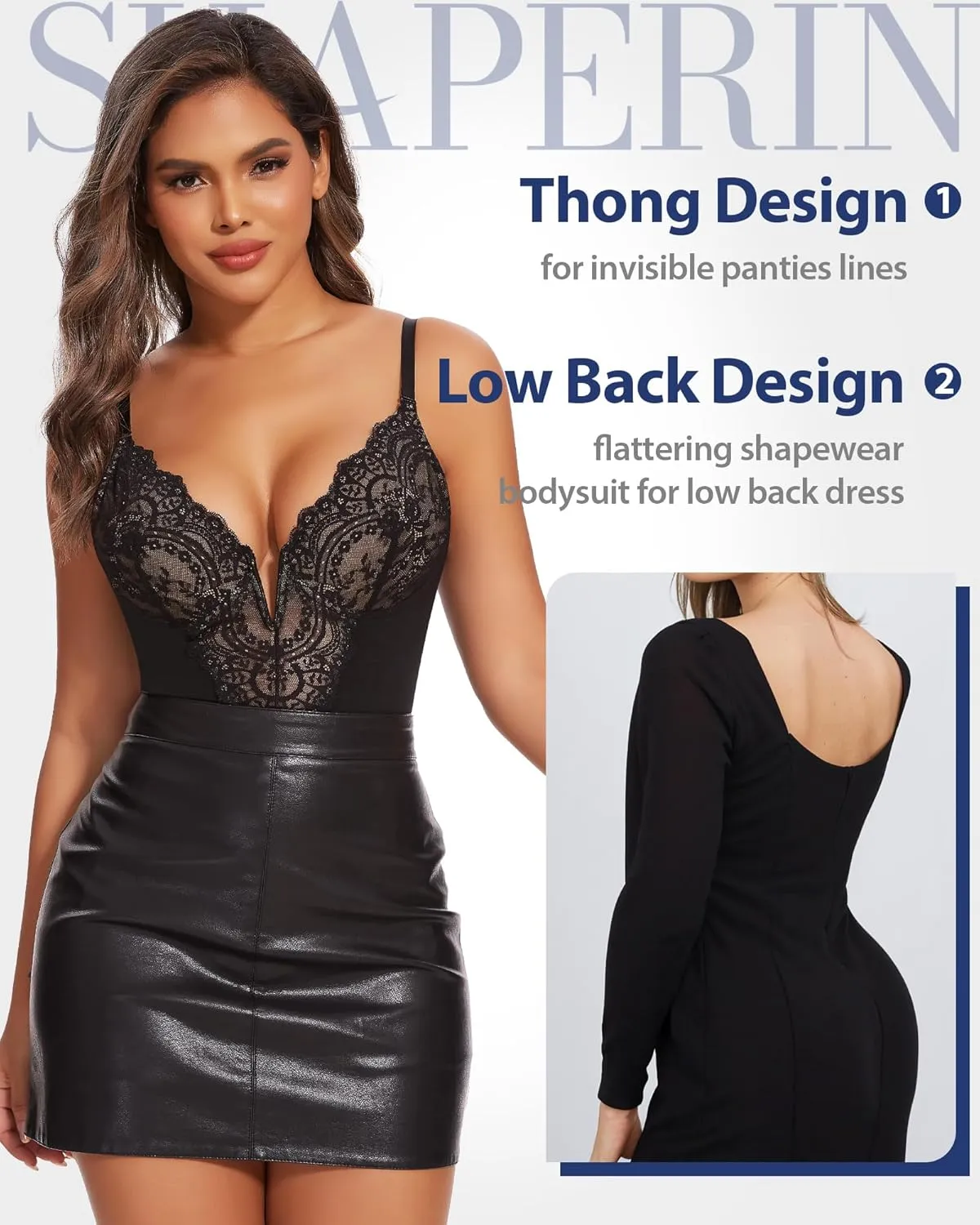 SHAPERIN Sexy Lace Shapewear Bodysuit Women's Sleeveless V Neck Tummy Control Backless Thong Tank Tops Body Suit Shaper