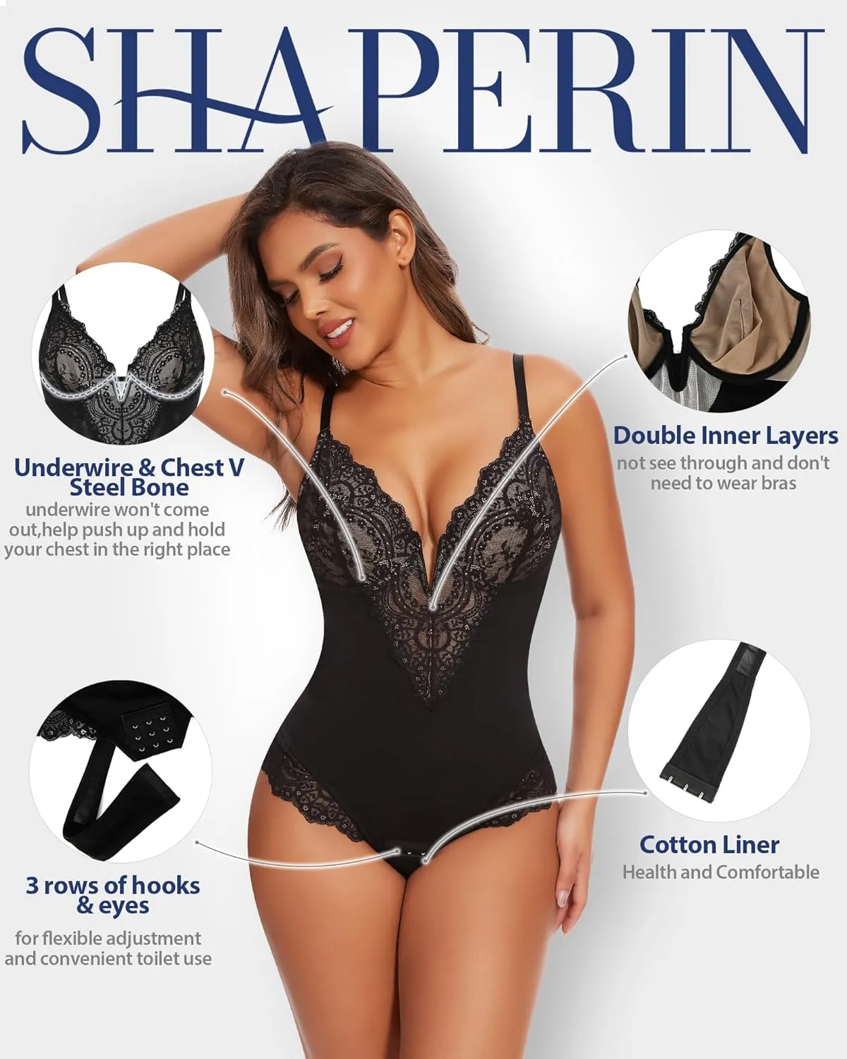 SHAPERIN Sexy Lace Shapewear Bodysuit Women's Sleeveless V Neck Tummy Control Backless Thong Tank Tops Body Suit Shaper