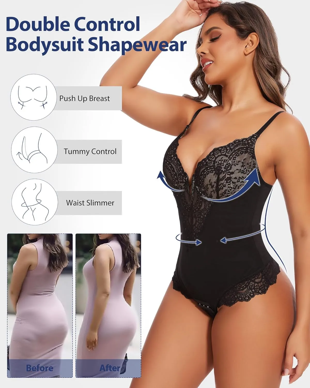 SHAPERIN Sexy Lace Shapewear Bodysuit Women's Sleeveless V Neck Tummy Control Backless Thong Tank Tops Body Suit Shaper