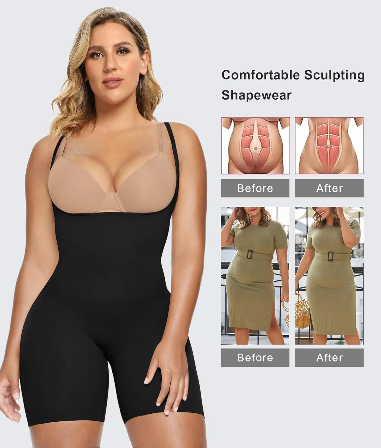 SHAPERX Open Bust Shapewear Tummy Control Bodysuits for Women Seamless Compression High Waisted Body Shaper