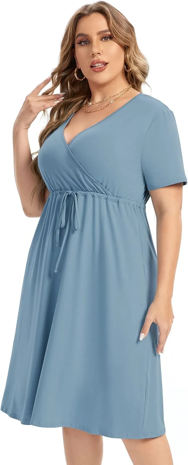 ShopWonder Plus Size Dress Women's V Neck A-Line Knee Length Wrap Swing Dresses Plus Size A Line Party Mini Dress
