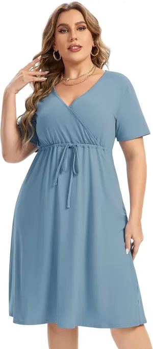 ShopWonder Plus Size Dress Women's V Neck A-Line Knee Length Wrap Swing Dresses Plus Size A Line Party Mini Dress