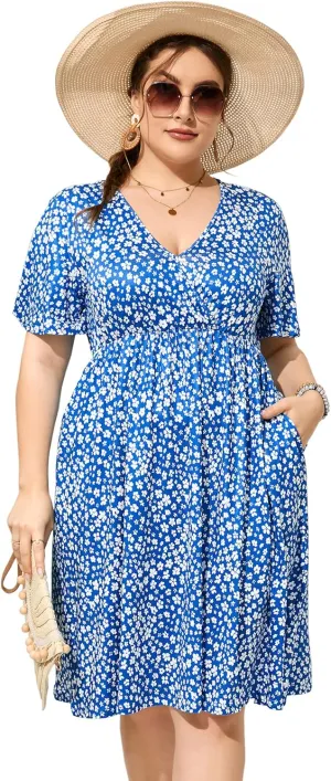 ShopWonder Plus Size Dress Women's V Neck A-Line Knee Length Wrap Swing Dresses Plus Size A Line Party Mini Dress