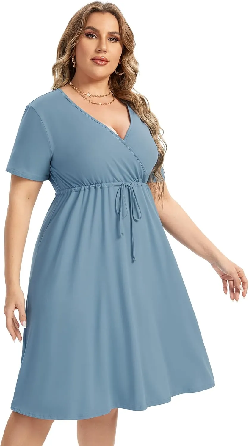 ShopWonder Plus Size Dress Women's V Neck A-Line Knee Length Wrap Swing Dresses Plus Size A Line Party Mini Dress