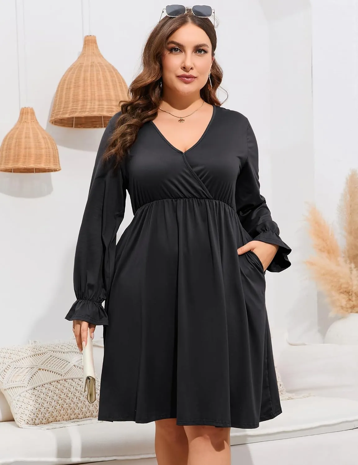 ShopWonder Plus Size Dress Women's V Neck A-Line Knee Length Wrap Swing Dresses Plus Size A Line Party Mini Dress