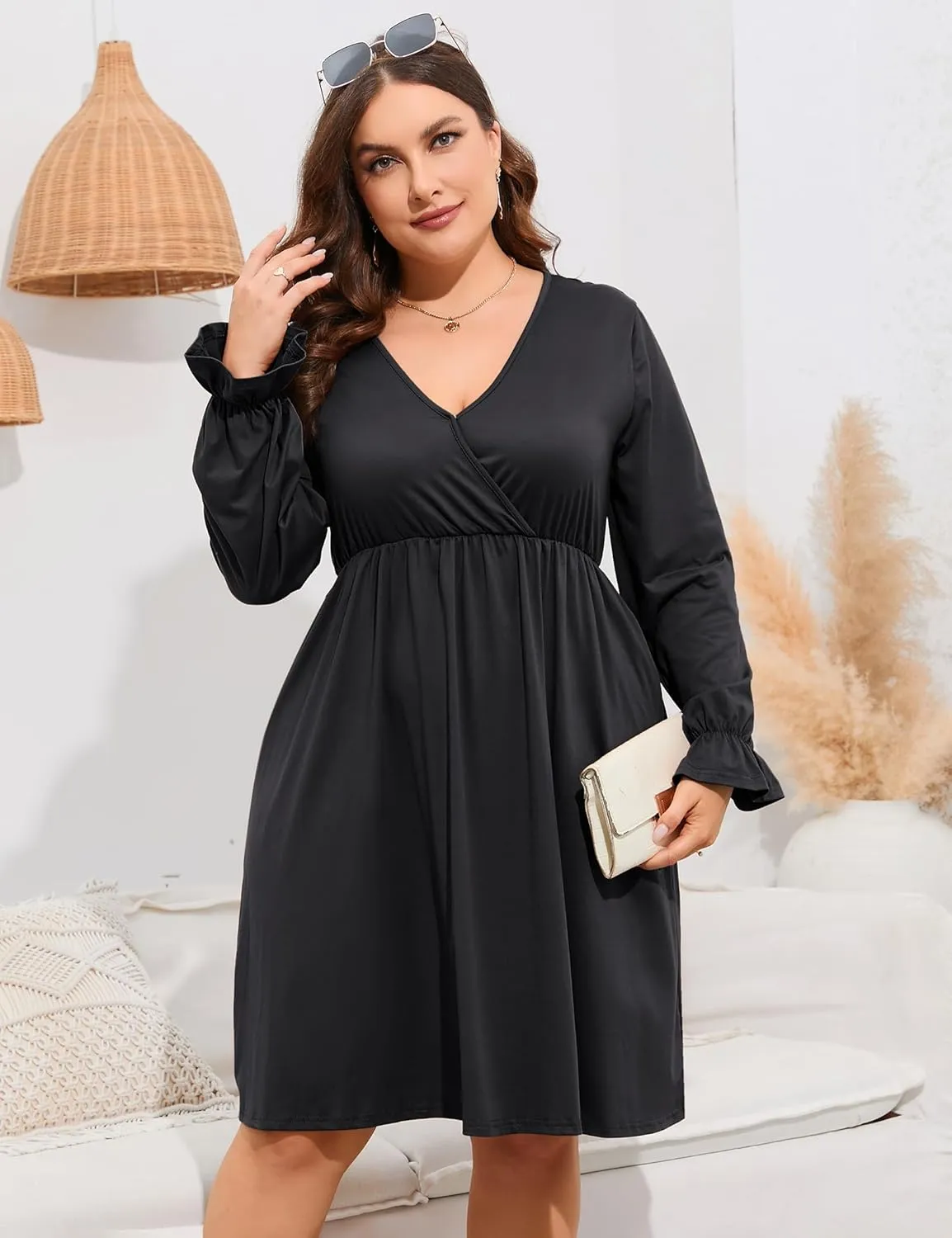 ShopWonder Plus Size Dress Women's V Neck A-Line Knee Length Wrap Swing Dresses Plus Size A Line Party Mini Dress